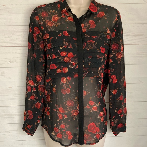 The Kooples Tops - The Kooples Size XXS Romantic Floral Print Black Sheer button front Blouse